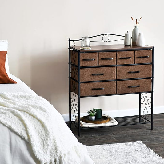 Household Essentials Victorian Style 8-Drawer and Bottom Shoe Shelf Storage Organizer Unit, Black and Walnut Color