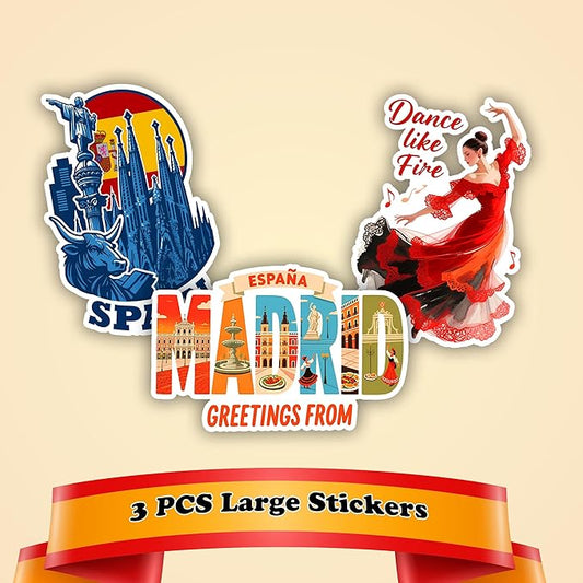 100 PCS Spain Travel Stickers Pack, España Vinyl Waterproof Stickers of Madrid Catalunya Landmarks Flamenco Food and Culture, 9 Sheets for Laptop Water Bottle Scrapbook