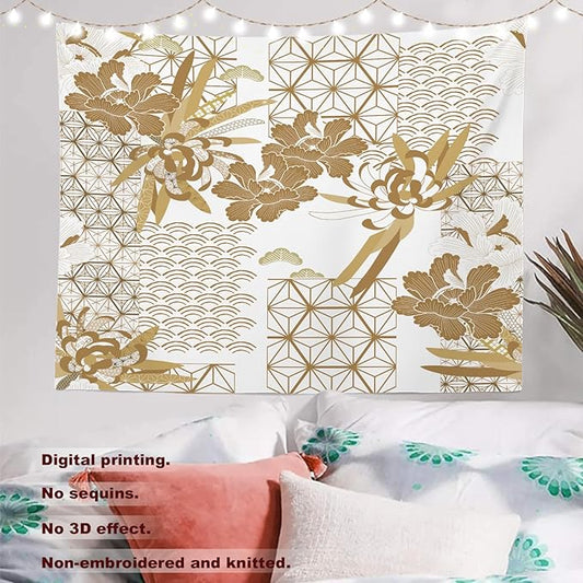 Batmerry Gold Japanese Floral Tapestry, Spring Wall Art Hanging Decoration Polyester Fiber White Ruffled Around For Dorm Room Bedroom Living Room, 30 X 40 Inches