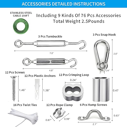 Globe String Light Suspension Kit, Outdoor Light Guide Wire, Vinyl Coated Stainless Steel Steel Cable,Include 150ft Transparent PVC and 304 Stainless Steel Wire Cable, Turnbuckle and Hooks