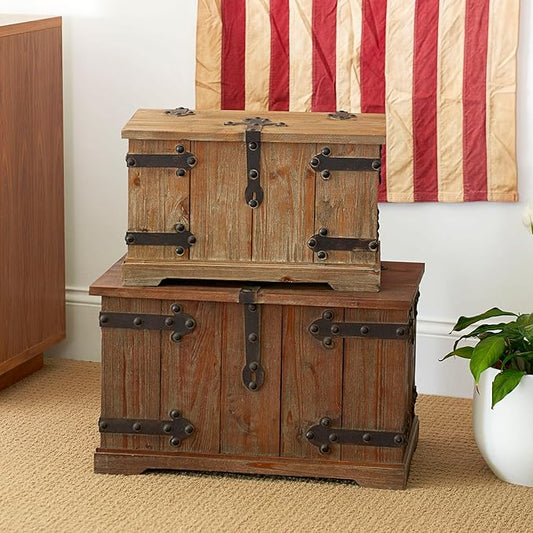 Household Essentials 2 Piece Decorative Trunks, Victorian Set, Small and Large, Chinese Fir Wood, Aged-Wood Finish with Metal Accents, Fully Opening Lid, Stout Design, Ring Handles