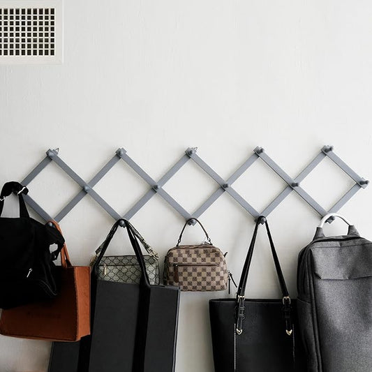 SKOLOO Accordion Wall Hanger with 16 Hooks, Modern Expandable Coat Rack Hat Rack for Wall, Solid Wooden, Dusty Gray Oak