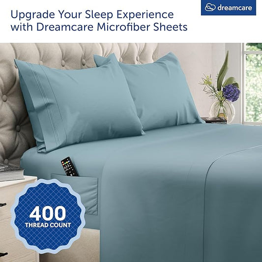 DREAMCARE Queen Sheet Set – 4 pcs Cooling Sheets – up to 21” Extra Deep Pocket Queen Sheets – Hotel Luxury – Superior Softness 100% Microfiber with Side Pocket - Mineral Blue