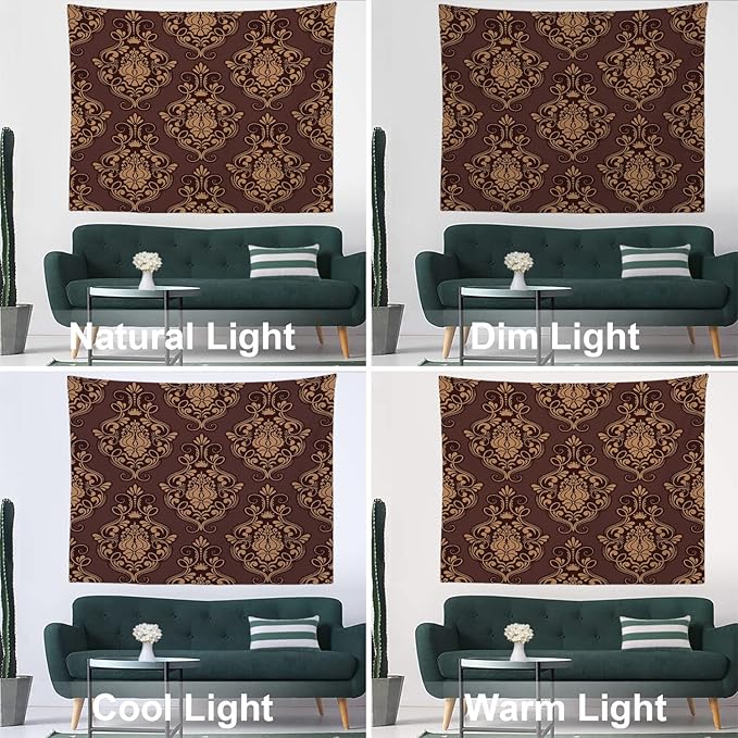 Batmerry Brown Damask Floral Tapestry, Vintage Golden Brown Damask Pattern Wall Art Hanging Decoration Polyester Fiber White Ruffled Around for Dorm Room Bedroom Living Room, 59.1x82.7 inches