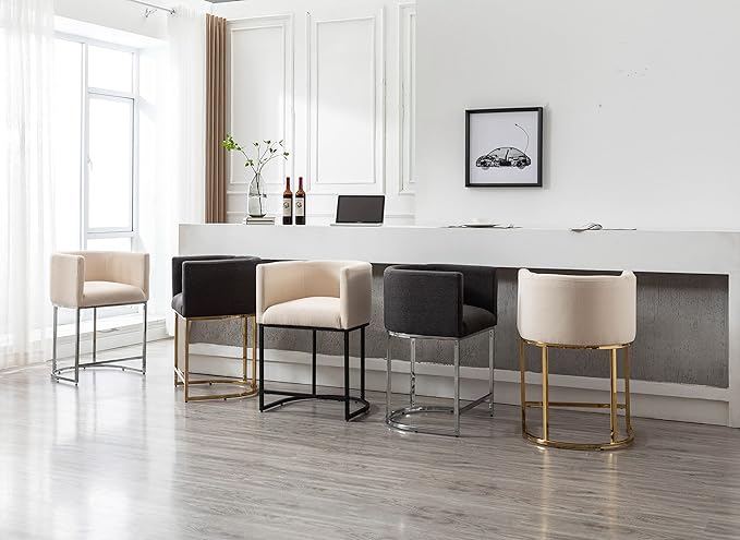 Modern Counter Height Linen Upholstered Bar Stools Set of 3, 24" Kitchen Counter Island Stools Bar Chairs with Chrome Finish Metal Frame for Kitchen Island, Charcoal