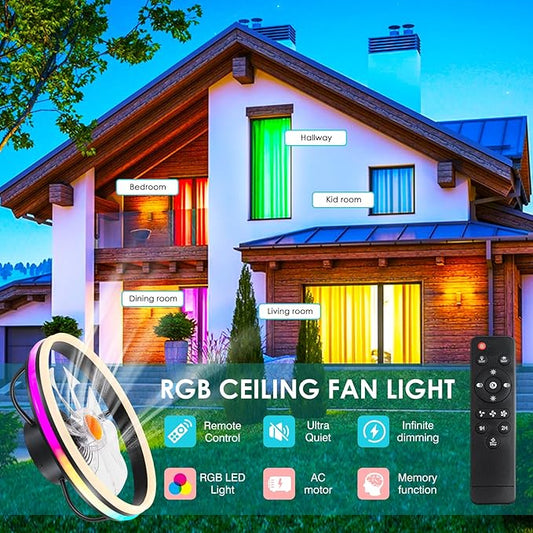Ceiling Fan-Low Profile Ceiling Fan with Light - Modern Flush Mount Ceiling Fan,16" RGB Dimmable LED Enclosed Ceiling Fans,Modern Bladeless LED-RGB Ambient Light for Bedroom Kids Room Party(Black)