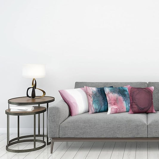 Ambesonne Marble Print Throw Pillow Cushion Case Pack of 4, Watercolor Effect Brushstrokes Stains and Hues Modern Bicolour, Modern Accent Double-Sided Digital Printing, 24", Petrol Blue and Dried Rose