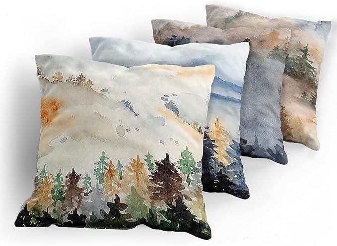Ambesonne Forest Throw Pillow Cushion Case Pack of 4, Watercolor Painting of Nature Landscape Hazy Mountains and Pine Trees, Modern Accent Double-Sided Digital Printing, 24", Blue Emerald and Cocoa