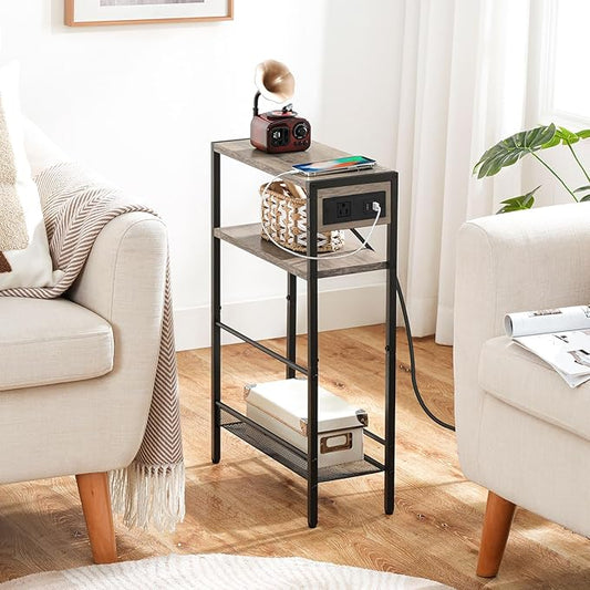 HOOBRO Small Narrow Side Table with Charging Station, Skinny End Table for Small Spaces, Slim Nightstand with USB Ports Outlet, Sofa Beside Table with Storage Shelf, Greige and Black BG102UBZ01