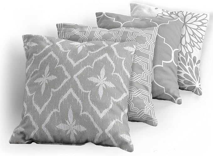 Ambesonne Vintage Throw Pillow Cushion Case Pack of 4, Monochrome Design Grid Trellis Quatrefoil Mesh and Dahlia Flowers Modern Print, Modern Accent Double-Sided Digital Printing, 24", Grey White