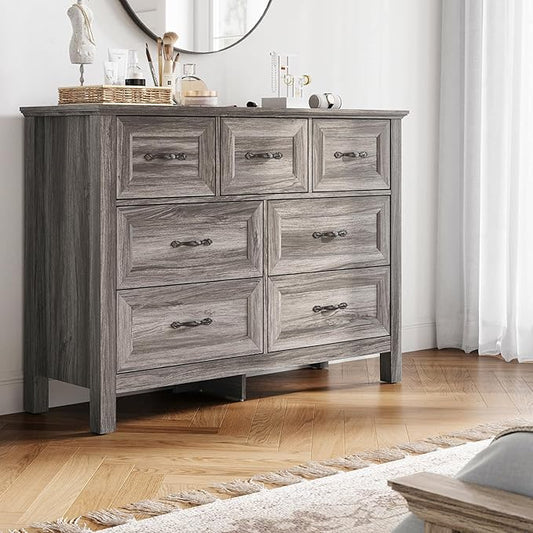 LINSY HOME Farmhouse 7 Drawers Dresser for Bedroom, Wood Chest of Drawers with Metal Handle, Wide Dresser Organizers for Bedroom, Nursery, Closet, Grey