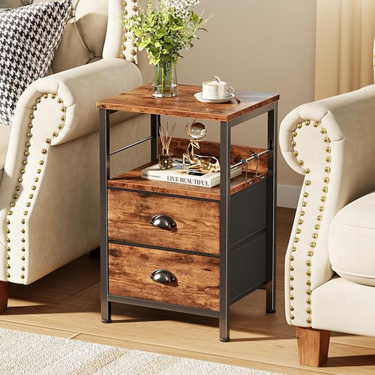 Furologee Nightstand with 2 Fabric Drawers, Night Stand with 2-Tier Shelf, Bedside Table with Hooks, Open Wooden Shelf, End Table for Bedroom, Backboard Design, Metal Frame, Rustic Brown