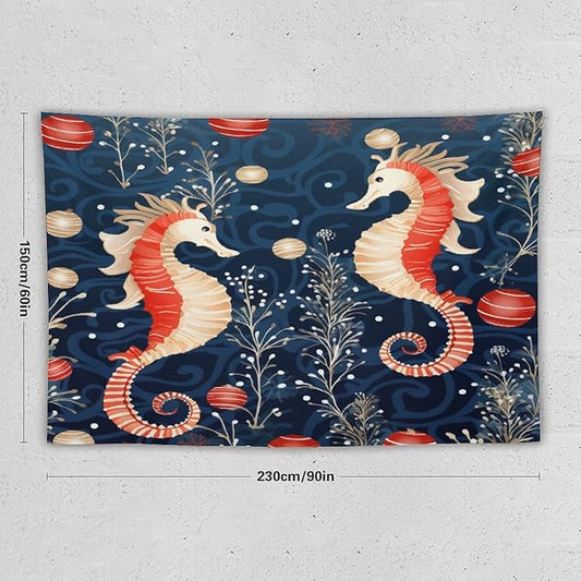 Tapestry Seahorse Christmas Kiss Beach Aesthetic Bedroom Tapestries Ocean Coastal Beach Wall Tapestries Home Decoration for Bedroom Living Room Dorm Landscape 60"x90" Christmas Family Party