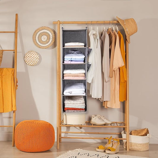 BOOMIBOO Hanging Closet Organize and Shelves,5-Hanging Shelf with 2 Side Pockets,Storage Foldable (Light Grey)