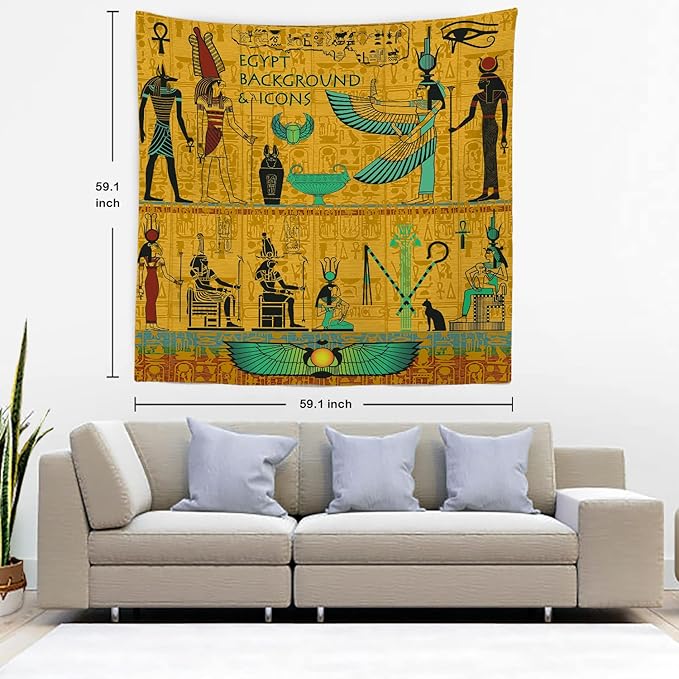Batmerry Yellow Ancient Egyptian Tapestry, Horus Wall Art Hanging Decoration Polyester Fiber White Ruffled Around for Dorm Room Bedroom Living Room, 59.1x59.1 inches