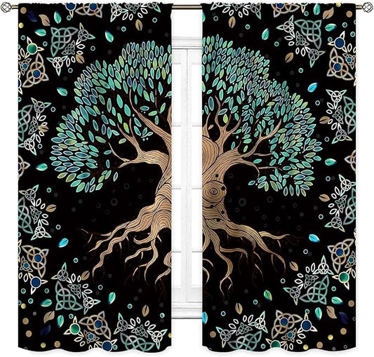 Tree of Life Curtains, Hippie Green Leaves Tree Life Vikings Celtic Nordic Aesthetic Mythology Window Drapery Treatments for Bedroom Living Room Bathroom 2 Panels, 84"x84" Inch
