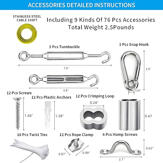 Globe String Light Suspension Kit, Outdoor Light Guide Wire, Vinyl Coated Stainless Steel Steel Cable,Include 150ft Transparent PVC and 304 Stainless Steel Wire Cable, Turnbuckle and Hooks