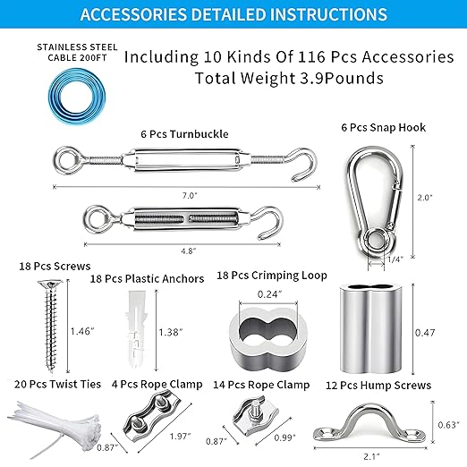 Globe String Light Suspension Kit, Outdoor Light Guide Wire, Vinyl Coated Stainless Steel Steel Cable,Include 200ft Transparent PVC and 304 Stainless Steel Wire Cable, Turnbuckle and Hooks