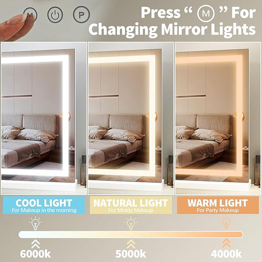 FENNIO 23" x 18" Vanity Mirror with Lights,LED Makeup Mirror,Hollywood Mirror with 3 Color Modes & Adjustable Brightness,Vanity Mirror Square White