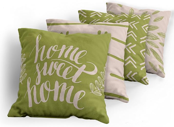 Ambesonne Modern Throw Pillow Cushion Case Pack of 4, Scandinavian Minimal Ornaments Boho Feather Leaves and Home Phrase, Modern Accent Double-Sided Digital Printing, 20", Pale Tan and Pistachio Green