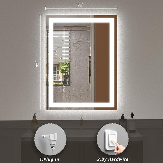 LED Lighted Bathroom Mirror 24x 32, Dimmable Vanity Mirror with Lights, Anti-Fog, ETL Listed (Backlit and Front Lighted)