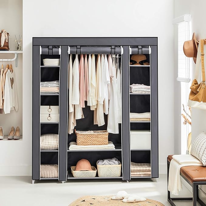 SONGMICS Closet Wardrobe, Portable Closet for Bedroom, Clothes Rail with Non-Woven Fabric Cover, Clothes Storage Organizer, 59 x 17.7 x 69 Inches, 12 Compartments, Gray ULSF03G