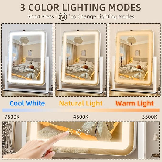 FENNIO Makeup Mirror with Lights 17"x13" ,Desk Mirror,Vanity Mirror with Lights, Touch Screen with 3-Color Lighting, Dimmable, Vanity Mirror for Vanity Desk Tabletop