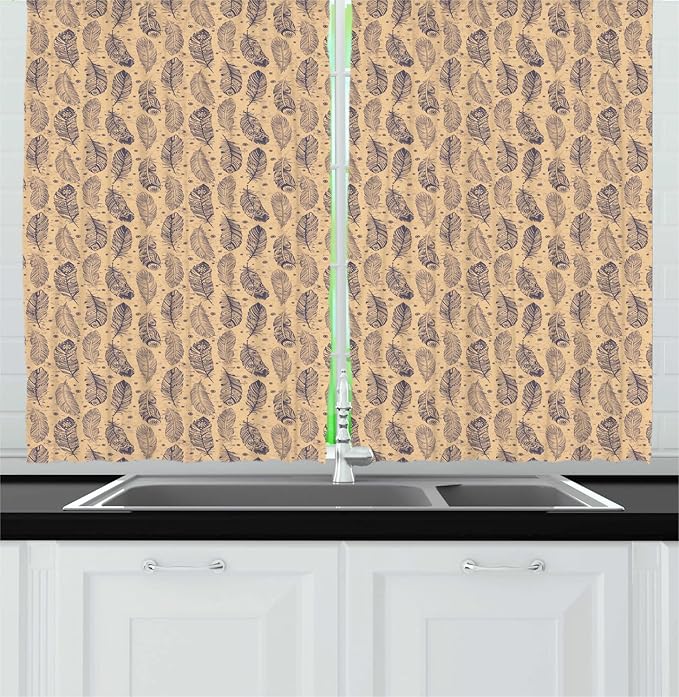 Lunarable Abstract Hippie Long Kitchen Curtains, Vintage Ethnic Feathers in Tribal Motifs Rhythmic Pattern, 2 Panel Set Drapes with Rod Pocket Room Decor, 55" x 45", Peach and Dark Purple Grey