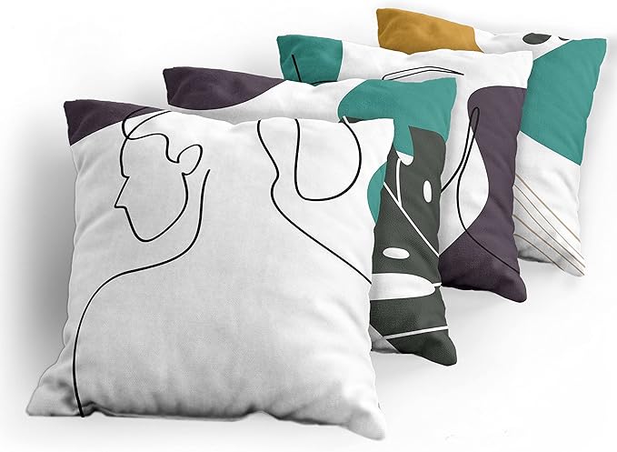 Ambesonne Minimal Throw Pillow Cushion Case Pack of 4, Modern Line Art Woman Portrait Contemporary Leafy Geometric Details, Modern Accent Double-Sided Digital Printing, 24", Teal Dark Purple Mustard