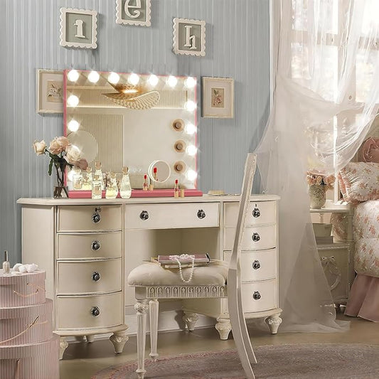Pink Hollywood Vanity Mirror with Lights, 15 Dimmable Bulbs, 3 Color Lights,Make Up Lighted Mirror, Aluminum Metal Frame, USB Charging Port(23" x 18")