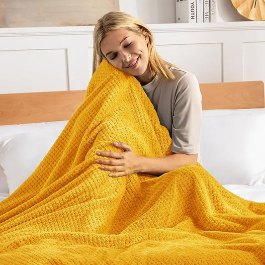 Exclusivo Mezcla Fleece Bed Blanket Queen Size, Super Soft and Warm Blankets for Couch, Sofa and Bed Waffle Textured, Cozy, Fuzzy and Lightweight (Mustard Yellow, 90x90 Inches)