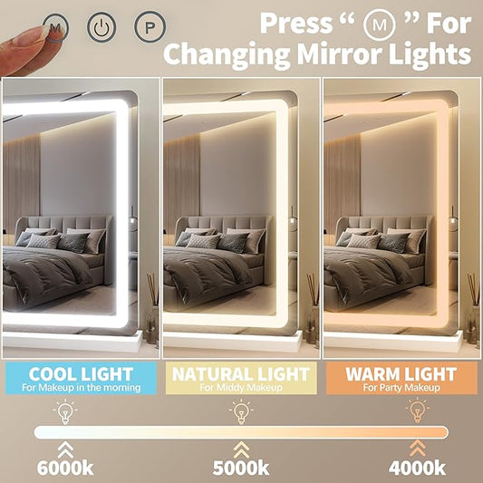 FENNIO 23" x 18" Vanity Mirror with Lights,LED Makeup Mirror,Hollywood Mirror with 3 Color Modes & Adjustable Brightness,Vanity Mirror White