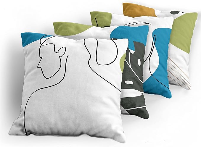 Ambesonne Minimal Throw Pillow Cushion Case Pack of 4, Modern Line Art Woman Portrait with Contemporary Leafy Geometric Details, Modern Accent Double-Sided Digital Printing, 24", Blue Green Marigold
