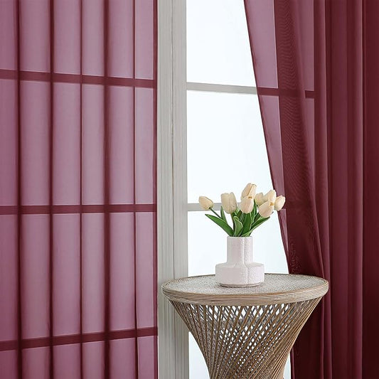 OWENIE Sheer Curtains 84 Inches Long 2 Panels Set, Burgundy Sheer Curtain for Living Room Bedroom, Modern Filmy Rod Pocket Curtains Drapes, 2 Pcs, Each 59 W x 84L, Burgundy