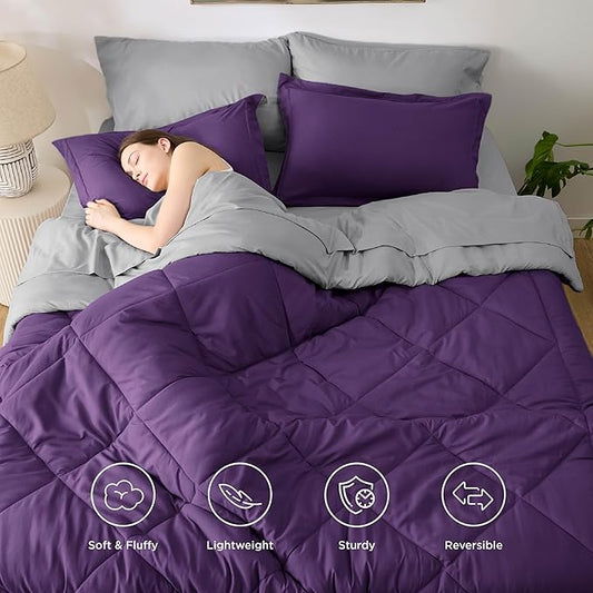 Bedsure Full Size Comforter Set - 7 Pieces Reversible Purple Bedding, Full Size Bed Set for All Seasons, Bed in a Bag with Down Alternative Comforter, Sheets, Pillowcases & Shams