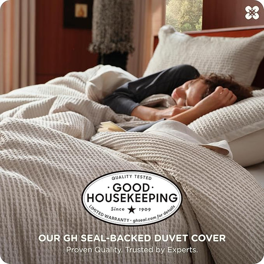 Bedsure Cotton Duvet Cover Queen - 100% Cotton Waffle Weave Linen Color Duvet Cover Queen Size, GentleSoft™ and Breathable Bedding Set for All Season, 3 Pieces, 90"x90"