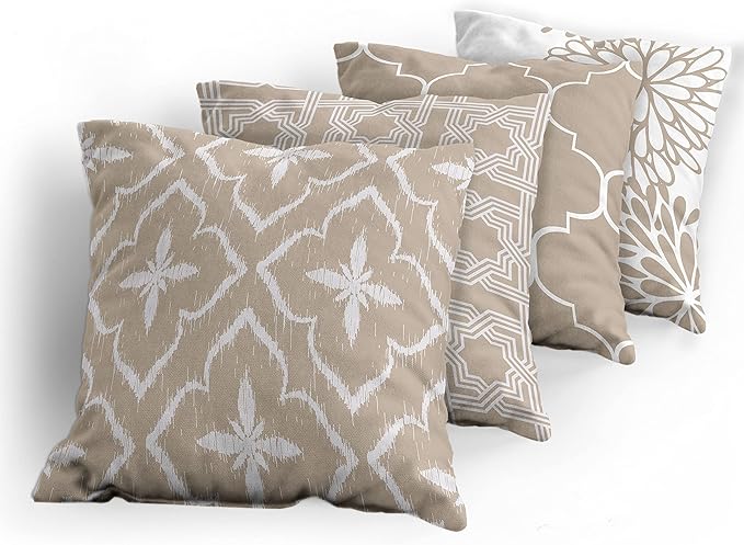 Ambesonne Vintage Throw Pillow Cushion Case Pack of 4, Monochrome Design Grid Trellis Quatrefoil Mesh and Dahlia Flowers Modern Print, Modern Accent Double-Sided Digital Printing, 24", Tan and White
