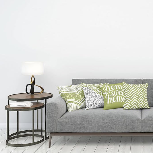 Ambesonne Geometric Throw Pillow Cushion Case Pack of 4, Home Phrase Minimal Zigzag Squama Dahlia Flower Petals Chevron Tribal, Modern Accent Double-Sided Digital Printing, 16", Green and White