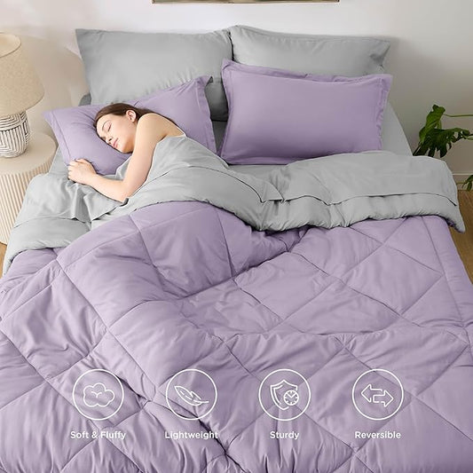 Bedsure Twin Comforter Set - 5 Pieces Reversible Light Purple Bedding, Twin Size Bed Set for All Seasons, Bed in a Bag with Down Alternative Comforter, Sheets, Pillowcase & Sham