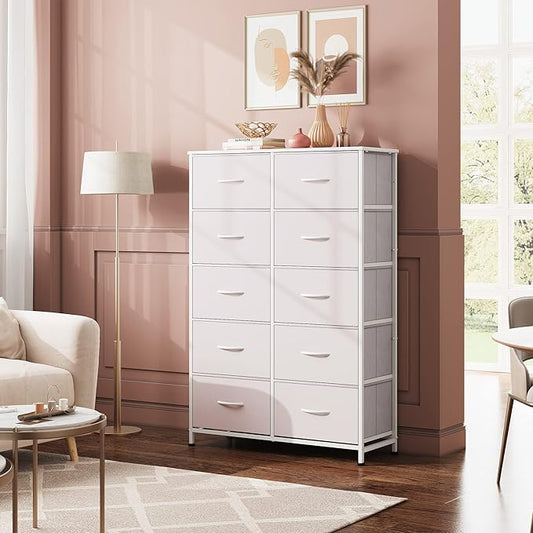 WLIVE Fabric Dresser for Bedroom with 10 Drawers, Tall Chest of Drawers, White Dressers Bedroom Furniture, Storage Organizer Unit with Bins for Closet, Hallway, Living Room, Entryway