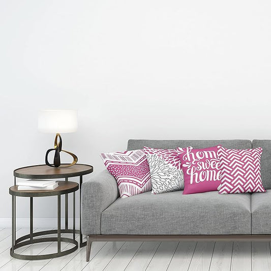 Ambesonne Geometric Throw Pillow Cushion Case Pack of 4, Home Phrase Minimal Zigzag Squama Dahlia Flowers Chevron Tribal, Modern Accent Double-Sided Digital Printing, 20", Pink White and Charcoal Grey