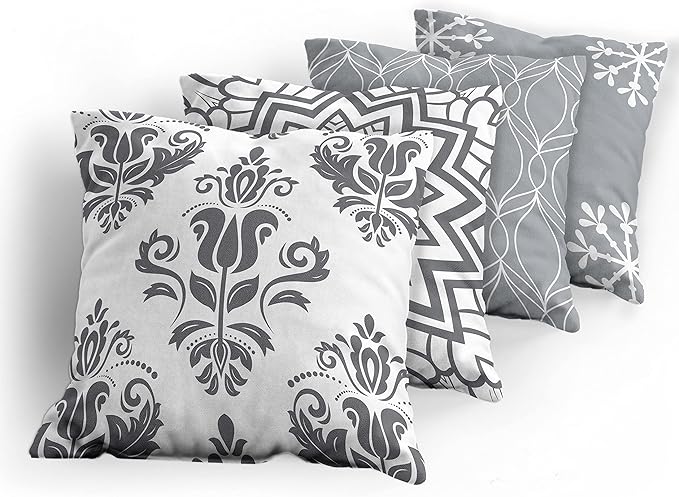 Ambesonne Retro Throw Pillow Cushion Case Pack of 4, Trellis Grid Medieval Floral Damask Mandala Flower Ornament in Modern Grayscale, Modern Accent Double-Sided Digital Printing, 20", Grey and White