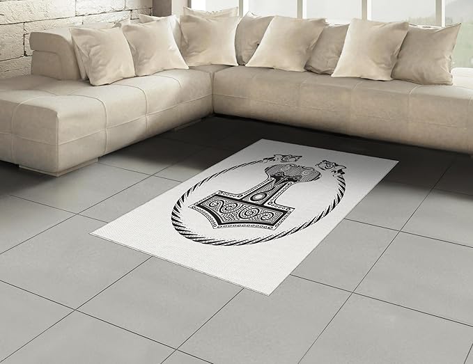 Lunarable Mjolnir Area Rug, Thor's Hammer with Scandinavian Folk Nordic Ornamental Art, Flat Woven Accent Rug for Living Room Bedroom Dining Room, 4' X 5' 7", Charcoal Grey White