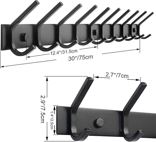 WEBI Coat Rack Wall Mounted,10 Hooks for Hanging Coats,30 Inch Hook Rack Hook Rail Coat Hanger Wall Mount for Backpack,Clothes,Jacket,Black