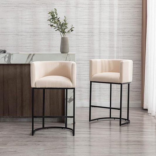Modern Counter Height Linen Upholstered Bar Stool, 29" Kitchen Counter Island Stool Bar Chairs with Black Metal Frame for Kitchen Island, Cream