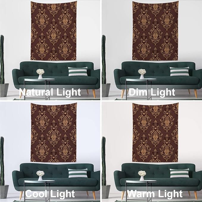 Batmerry Brown Damask Floral Tapestry,Vintage Golden Brown Damask Pattern Wall Art Hanging Decoration Polyester Fiber White Ruffled Around for Dorm Room Bedroom Living Room, 59.1x51.2 inches