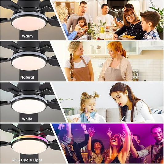 Ceiling Fans with Lights- 52" RGB Low Profile Indoor Ceiling Fan with Light and Remote/APP Control, Flush Mount, LED Dimmable DC Reversible Modern Ceiling Fan for Bedroom(Black)