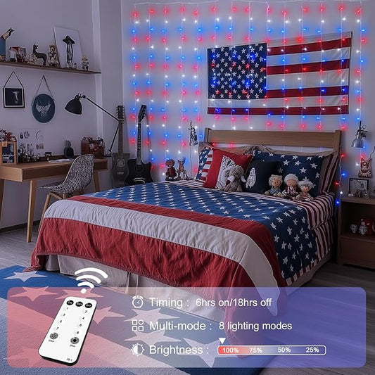 JMEXSUSS 300LED Red White and Blue Lights with Remote, 4th of July Lights Plug in, Patriots Curtain Hanging String Lights for Bedroom Wall Window Backdrop Indoor Outdoor 4th of July Decor, 9.8x9.8ft