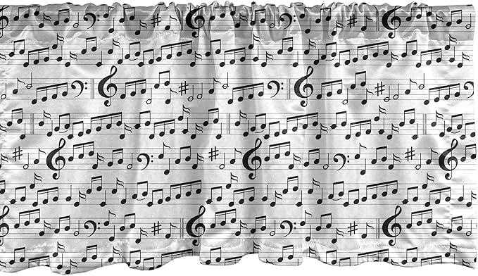 Ambesonne Music Window Valance, Abstract Style Professional Pattern Notes and Clef Sheet Play Writing Print, Curtain Valance for Kitchen Bedroom Decor with Rod Pocket, 54" X 18", Black White