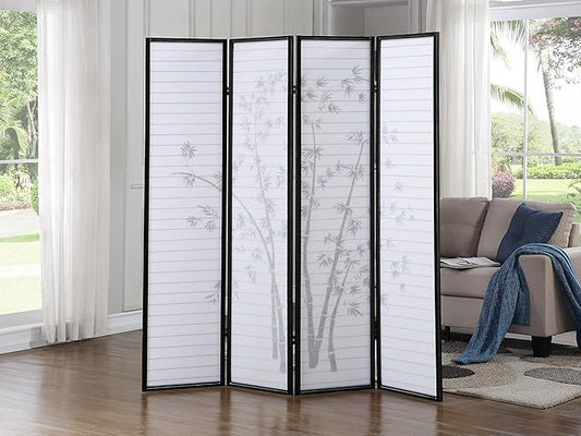 Roundhill Bamboo Print 4-Panel Framed Room Screen/Divider, black